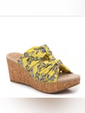 Yellow Floral Cork Wedge Sandals